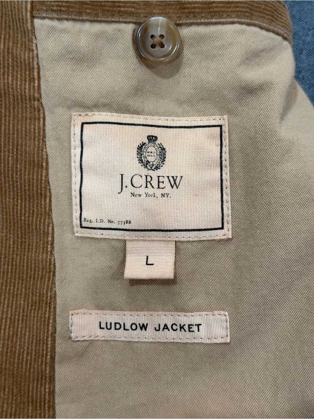 JCrew Ludlow Mens L Corduroy Blazer Tan Camel Brown Sport Coat Jacket Unlined
